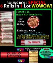 THIS AUCTION ONLY! BU Shotgun Lincoln 1c roll, 1990-p 50 pcs Plus FIVE bonus random date BU roll! Ba