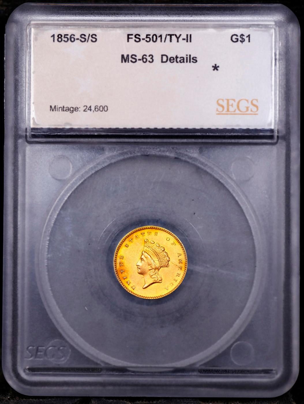 ***Auction Highlight*** 1856-s/s Gold Dollar TY-II FS-501 $1 Graded ms63 details By SEGS (fc)