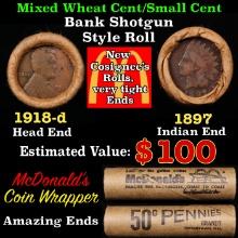 Small Cent Mixed Roll Orig Brandt McDonalds Wrapper, 1918-d Lincoln Wheat end, 1897 Indian other end