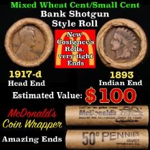 Lincoln Wheat Cent 1c Mixed Roll Orig Brandt McDonalds Wrapper, 1917-d end, 1893 Indian other end