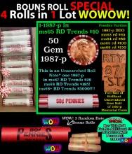 THIS AUCTION ONLY! BU Shotgun Lincoln 1c roll, 1987-p 50 pcs Plus THREE bonus random date BU roll! B