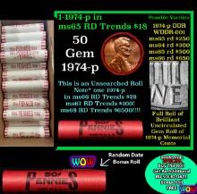 THIS AUCTION ONLY! BU Shotgun Lincoln 1c roll, 1974-p 50 pcs Plus one bonus random date BU roll! Ban