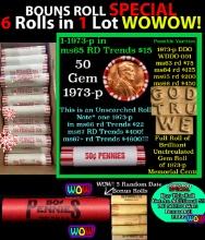 THIS AUCTION ONLY! BU Shotgun Lincoln 1c roll, 1973-p 50 pcs Plus FIVE bonus random date BU roll! Ba