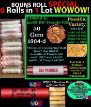 THIS AUCTION ONLY! BU Shotgun Lincoln 1c roll, 1964-d 50 pcs Plus FIVE bonus random date BU roll! Ba