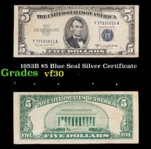 1953B $5 Blue Seal Silver Certificate Grades vf++