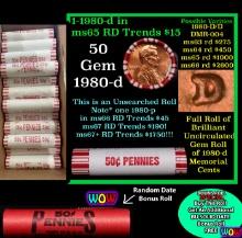 THIS AUCTION ONLY! BU Shotgun Lincoln 1c roll, 1980-d 50 pcs Plus one bonus random date BU roll! Ban