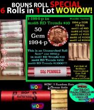 THIS AUCTION ONLY! BU Shotgun Lincoln 1c roll, 1994-p 50 pcs Plus FIVE bonus random date BU roll! Ba