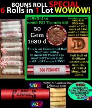 THIS AUCTION ONLY! BU Shotgun Lincoln 1c roll, 1980-d 50 pcs Plus FIVE bonus random date BU roll! Ba