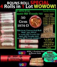 THIS AUCTION ONLY! BU Shotgun Lincoln 1c roll, 1974-d 50 pcs Plus THREE bonus random date BU roll! B