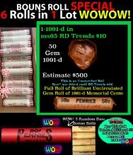 THIS AUCTION ONLY! BU Shotgun Lincoln 1c roll, 1991-d 50 pcs Plus FIVE bonus random date BU roll! Ba