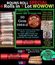 THIS AUCTION ONLY! BU Shotgun Lincoln 1c roll, 1994-d 50 pcs Plus THREE bonus random date BU roll! B