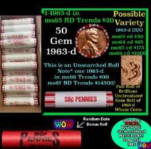 THIS AUCTION ONLY! BU Shotgun Lincoln 1c roll, 1963-d 50 pcs Plus one bonus random date BU roll! Ban