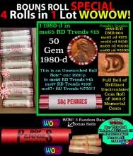 THIS AUCTION ONLY! BU Shotgun Lincoln 1c roll, 1980-d 50 pcs Plus THREE bonus random date BU roll! B