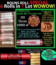 THIS AUCTION ONLY! BU Shotgun Lincoln 1c roll, 1980-d 50 pcs Plus FIVE bonus random date BU roll! Ba