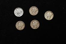 Lot of Five Coins- 1919-d, 1925-s, 1929-p, 1934-p, 1941-p Mercury Dime 10c Grades