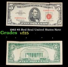 1963 $5 Red Seal United States Note Grades vf+