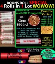 THIS AUCTION ONLY! BU Shotgun Lincoln 1c roll, 1964-d 50 pcs Plus THREE bonus random date BU roll! B