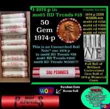 THIS AUCTION ONLY! BU Shotgun Lincoln 1c roll, 1974-p 50 pcs Plus one bonus random date BU roll! Ban