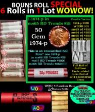 THIS AUCTION ONLY! BU Shotgun Lincoln 1c roll, 1974-p 50 pcs Plus FIVE bonus random date BU roll! Ba