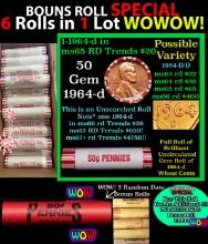 THIS AUCTION ONLY! BU Shotgun Lincoln 1c roll, 1964-d 50 pcs Plus FIVE bonus random date BU roll! Ba