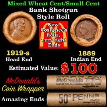 Small Cent Mixed Roll Orig Brandt McDonalds Wrapper, 1918-s Lincoln Wheat end, 1899 Indian other end