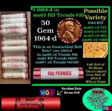 THIS AUCTION ONLY! BU Shotgun Lincoln 1c roll, 1964-d 50 pcs Plus one bonus random date BU roll! Ban