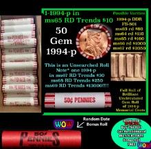 THIS AUCTION ONLY! BU Shotgun Lincoln 1c roll, 1994-p 50 pcs Plus one bonus random date BU roll! Ban