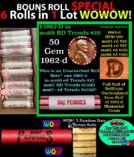 THIS AUCTION ONLY! BU Shotgun Lincoln 1c roll, 1962-d 50 pcs Plus FIVE bonus random date BU roll! Ba