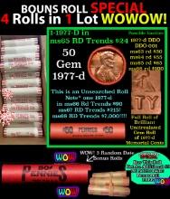 THIS AUCTION ONLY! BU Shotgun Lincoln 1c roll, 1977-d 50 pcs Plus THREE bonus random date BU roll! B