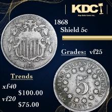 1868 Shield Nickel 5c Grades vf+