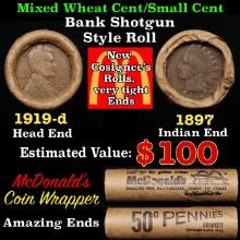 Small Cent 1c Mixed Roll Orig Brandt McDonalds Wrapper, 1919-d Wheat end, 1897 Indian other end
