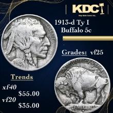 1913-d Ty I Buffalo Nickel 5c Grades vf+