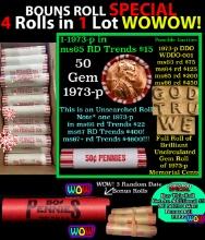 THIS AUCTION ONLY! BU Shotgun Lincoln 1c roll, 1973-p 50 pcs Plus THREE bonus random date BU roll! B