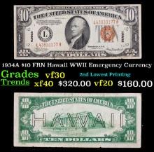 1934A $10 FRN Hawaii WWII Emergency Currency Grades vf++