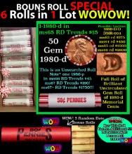 THIS AUCTION ONLY! BU Shotgun Lincoln 1c roll, 1980-d 50 pcs Plus FIVE bonus random date BU roll! Ba