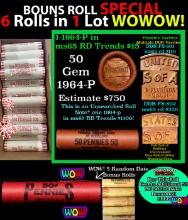 THIS AUCTION ONLY! BU Shotgun Lincoln 1c roll, 1964-p 50 pcs Plus FIVE bonus random date BU roll! Ba