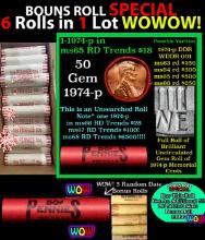 THIS AUCTION ONLY! BU Shotgun Lincoln 1c roll, 1974-p 50 pcs Plus FIVE bonus random date BU roll! Ba