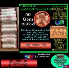 THIS AUCTION ONLY! BU Shotgun Lincoln 1c roll, 1992-d 50 pcs Plus one bonus random date BU roll! Ban