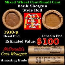 Lincoln Wheat Cent 1c Mixed Roll Orig Brandt McDonalds Wrapper, 1910-p end, Wheat other end