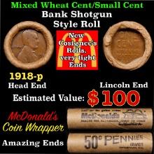 Lincoln Wheat Cent 1c Mixed Roll Orig Brandt McDonalds Wrapper, 1918-p end, Wheat other end