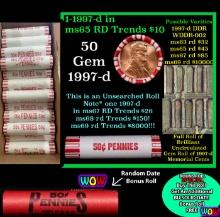 THIS AUCTION ONLY! BU Shotgun Lincoln 1c roll, 1997-d 50 pcs Plus one bonus random date BU roll! Ban