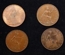 Group of 4 Coins, Great Britain Pennies, 1918, 1936, 1944, 1964 .