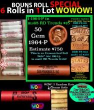 THIS AUCTION ONLY! BU Shotgun Lincoln 1c roll, 1964-p 50 pcs Plus FIVE bonus random date BU roll! Ba