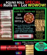 THIS AUCTION ONLY! BU Shotgun Lincoln 1c roll, 1973-p 50 pcs Plus FIVE bonus random date BU roll! Ba