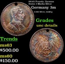 1914A Prussia, German States 3 Marks Silver Grades Unc Details