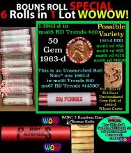 THIS AUCTION ONLY! BU Shotgun Lincoln 1c roll, 1963-d 50 pcs Plus FIVE bonus random date BU roll! Ba