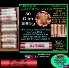 THIS AUCTION ONLY! BU Shotgun Lincoln 1c roll, 1994-p 50 pcs Plus one bonus random date BU roll! Ban