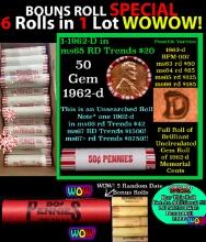 THIS AUCTION ONLY! BU Shotgun Lincoln 1c roll, 1962-d 50 pcs Plus FIVE bonus random date BU roll! Ba