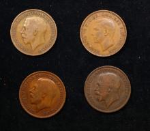 Group of 4 Coins, Great Britain Pennies, 1913, 1916, 1917, 1944 .