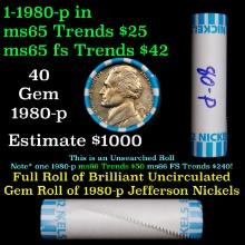 BU Shotgun Jefferson 5c roll, 1980-p 40 pcs Bank $2 Nickel Wrapper